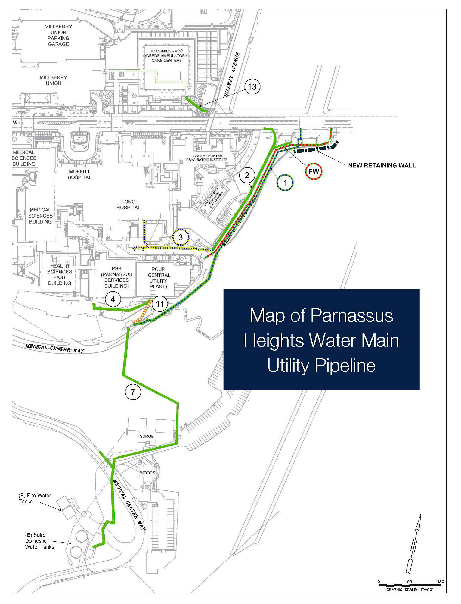 Route of Water Projects currently underway at Parnassus Heights as of February 2024.