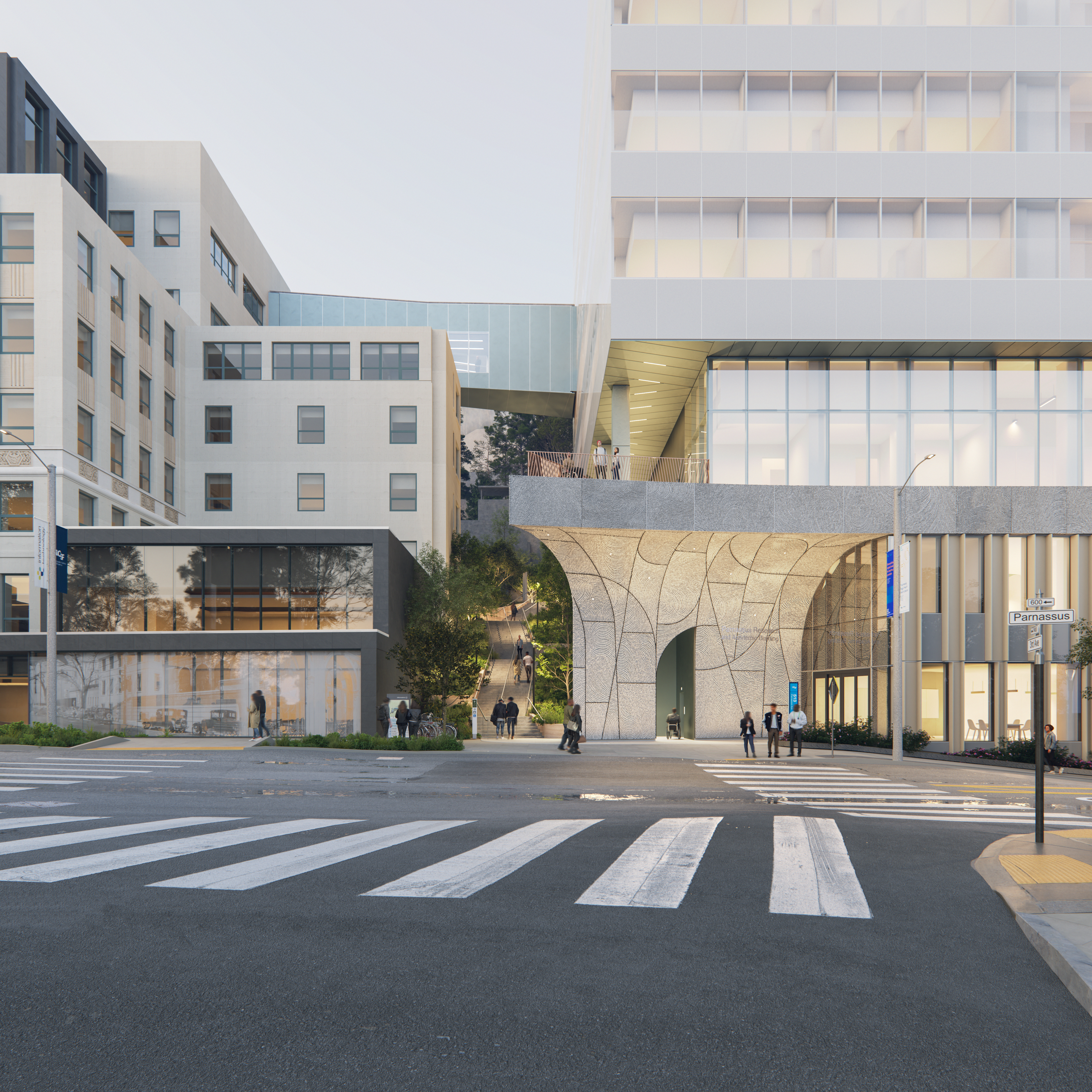 Rendering of the connecting bridge between the Clinical Sciences Building and the Bakar Research and Academic Building.