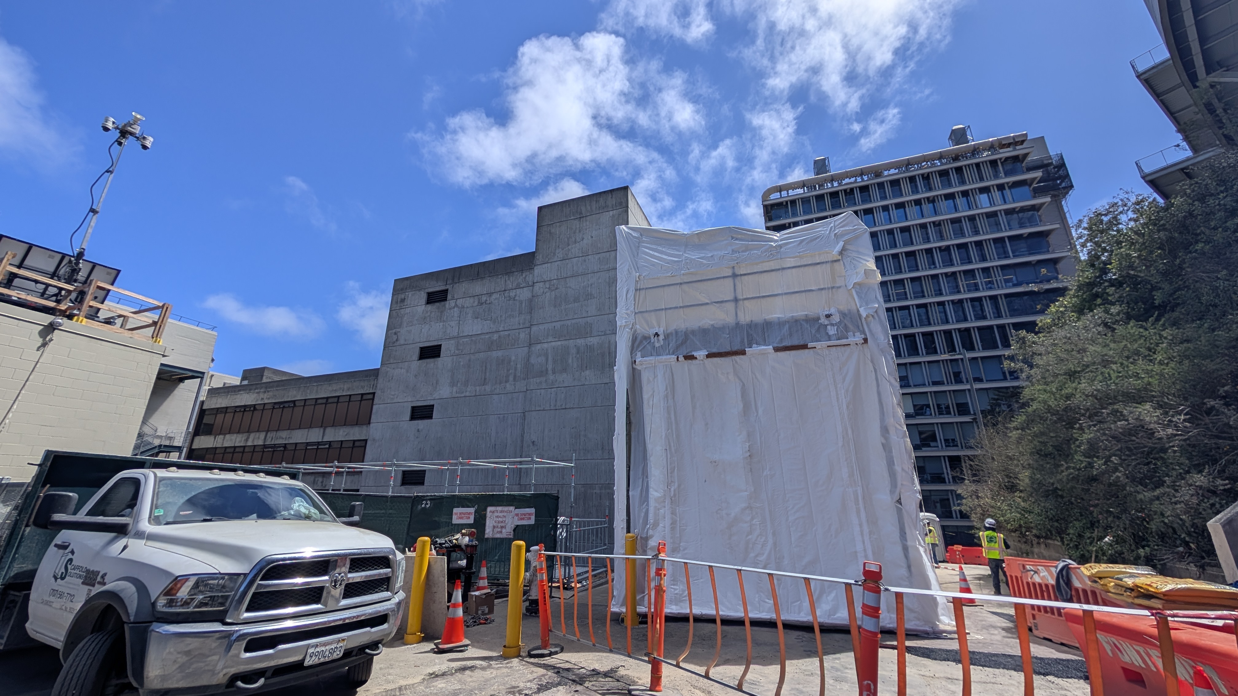 Containment for debris being removed from the School of Nursing building.