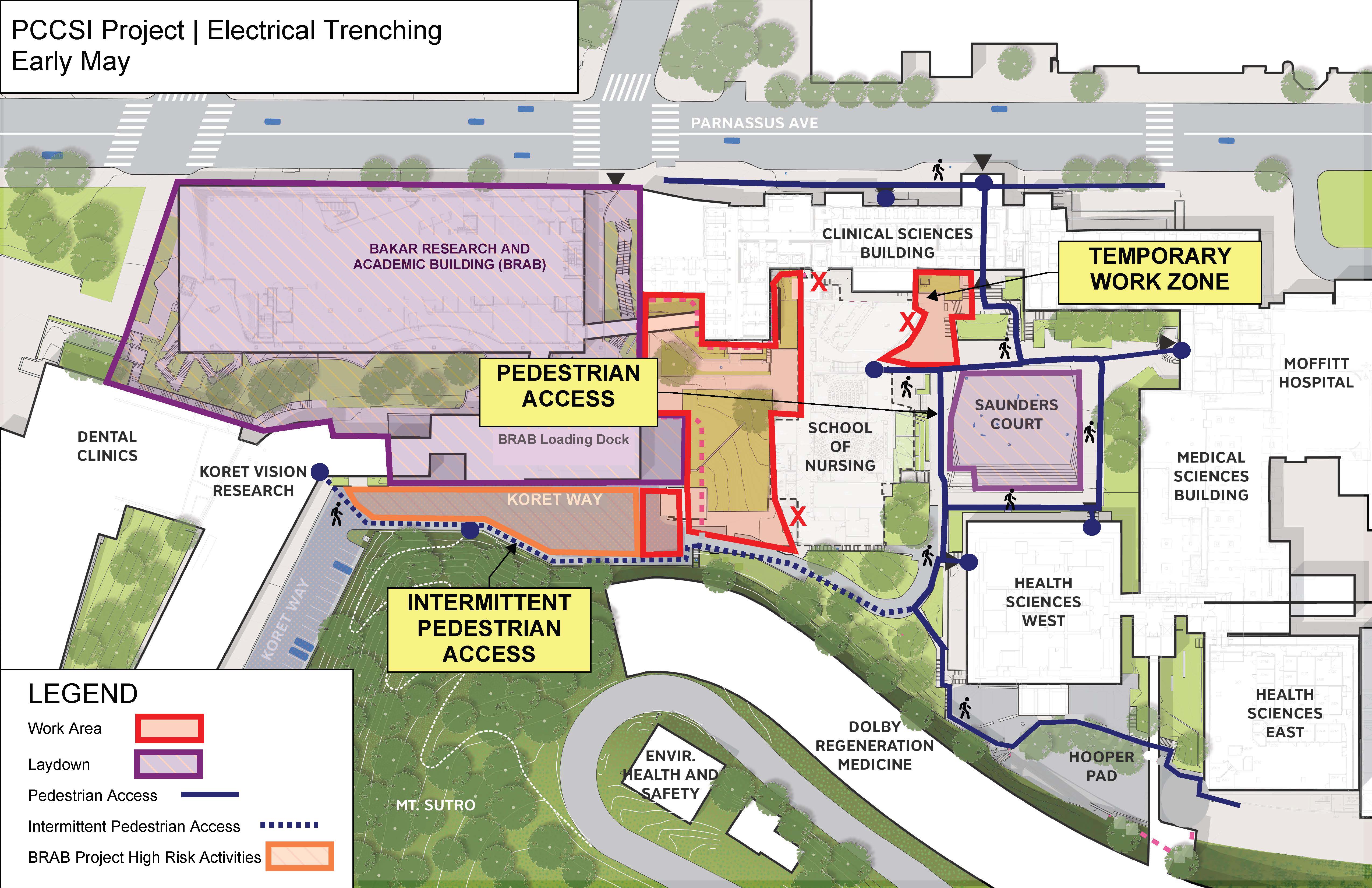 Construction site and pedestrian access for the PCCSI project in early May 2025