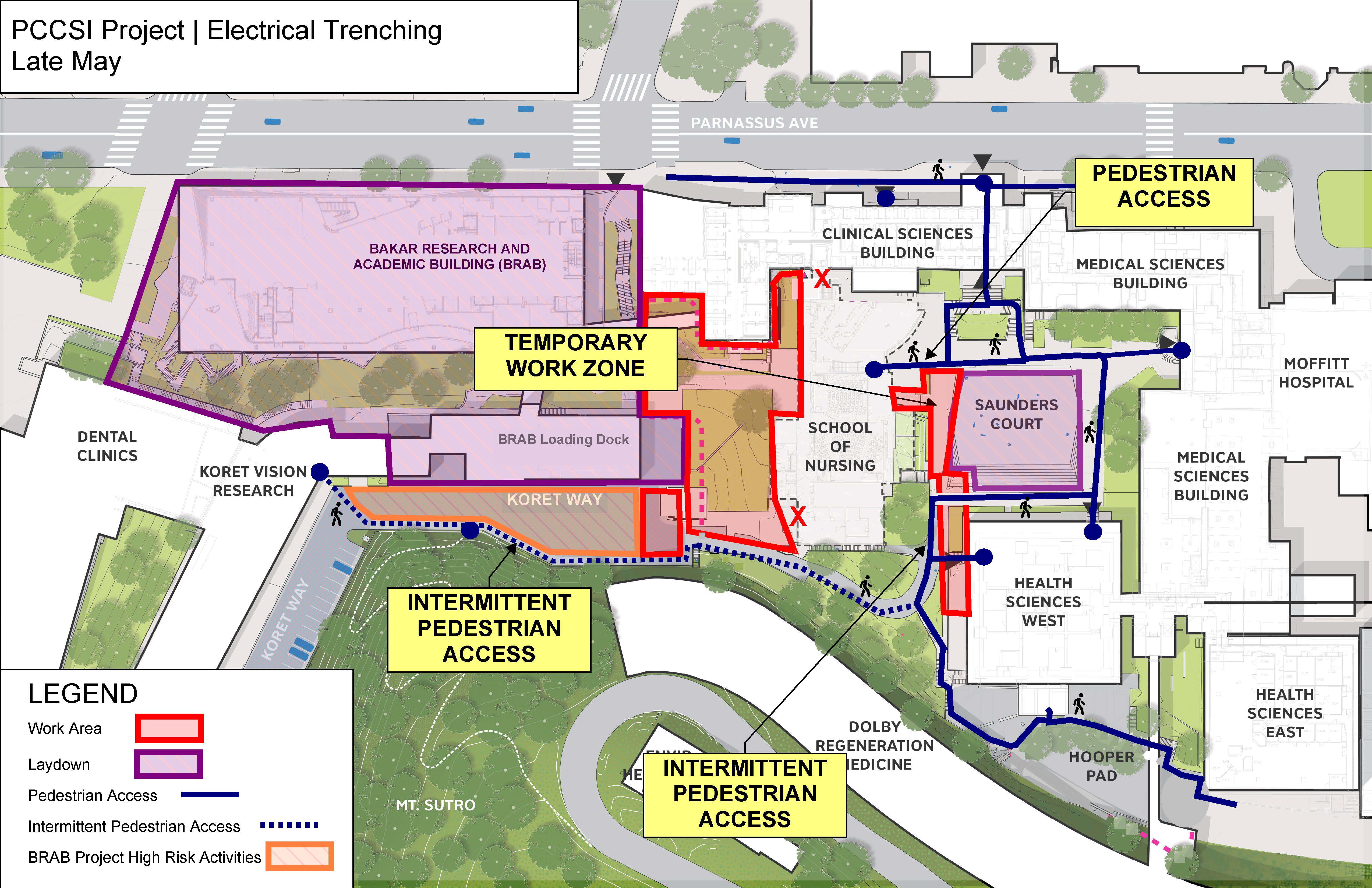 Construction site and pedestrian access for the PCCSI project in late May 2025