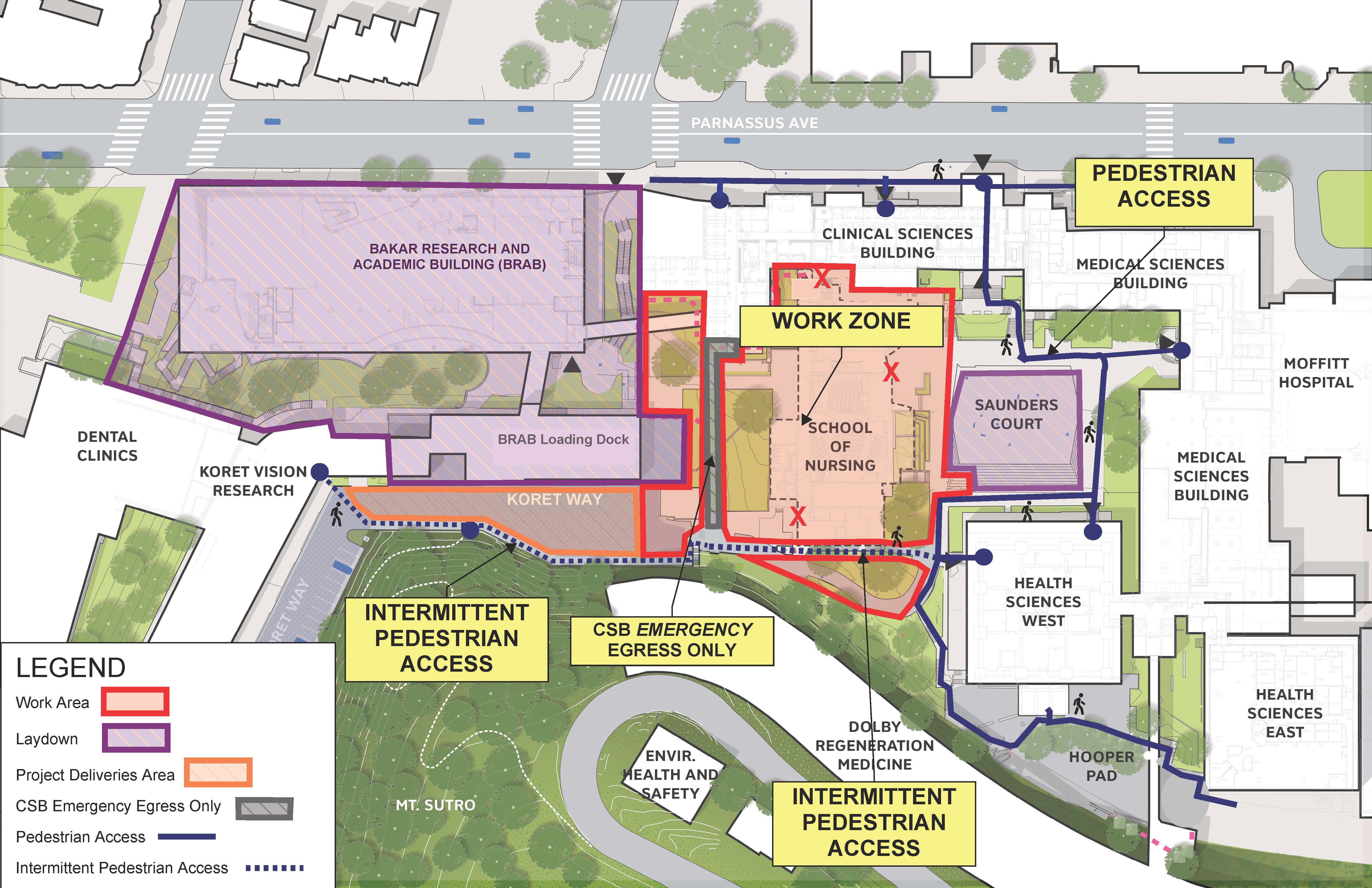Construction site map for the Parnassus Central Campus Site Improvements Project as of July and August 2025.