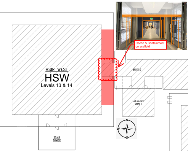 This visual shows where construction barriers will be at the entrances on floors 13 and 14 in the HSW tower. The construction are will be setup through September 2024.